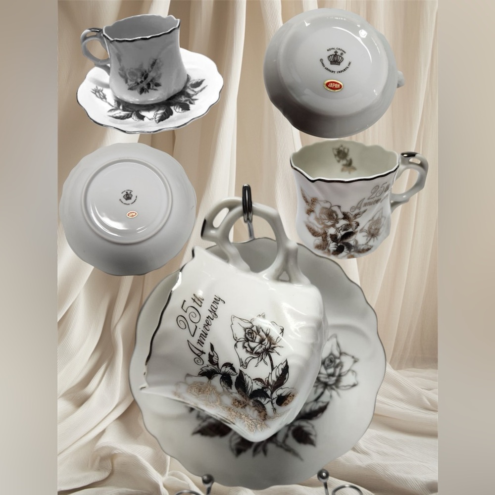 𝓑𝓮𝓪𝓾𝓽𝓲𝓯𝓾𝓵 Vintage 25th Anniversary Cup/Saucer.  Silver Trimmed. Made in Japan.